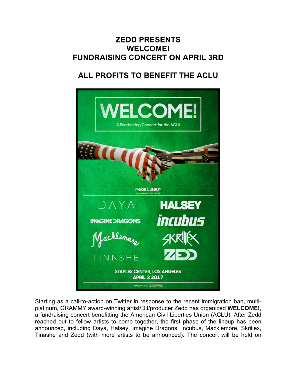 Fundraising Concert on April 3Rd All Profits to Benefit the Aclu