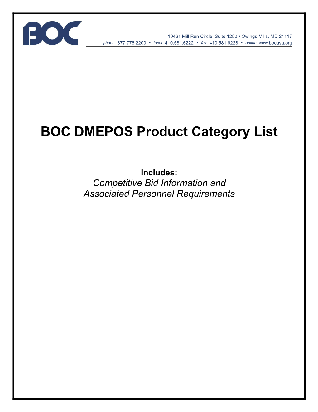 BOC DMEPOS Product Category List Includes