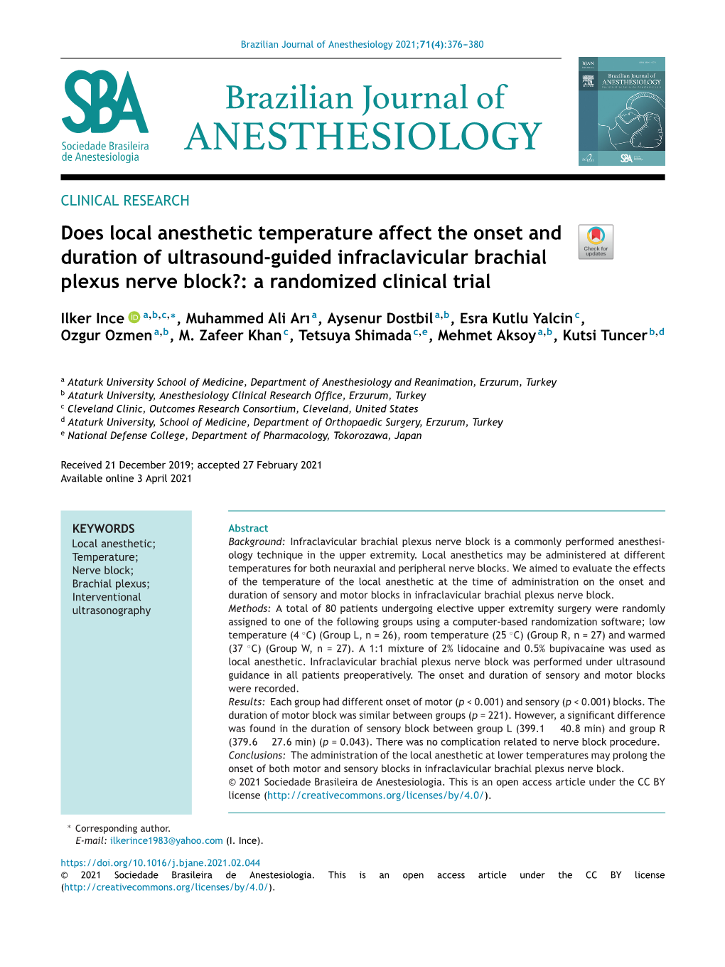 Does Local Anesthetic Temperature Affect the Onset and Duration of Ultrasound-Guided Infraclavicular Brachial Plexus Nerve Block