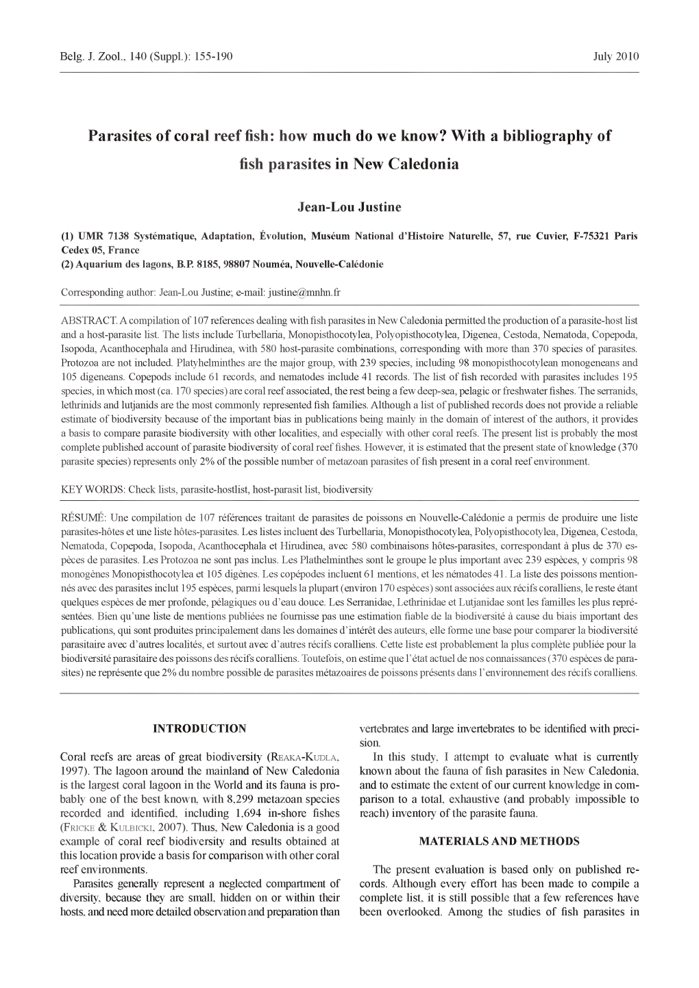 Parasites of Coral Reef Fish: How Much Do We Know? with a Bibliography of Fish Parasites in New Caledonia