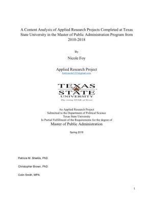 A Content Analysis of Applied Research Projects Completed at Texas State University in the Master of Public Administration Program from 2010-2018
