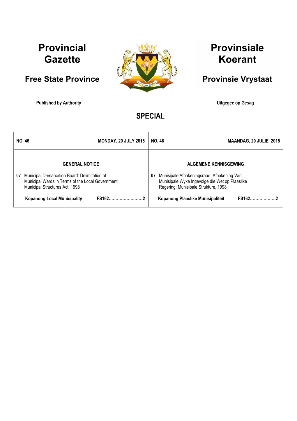 Provincial Gazette for Free State No 46 of 20-July-2015