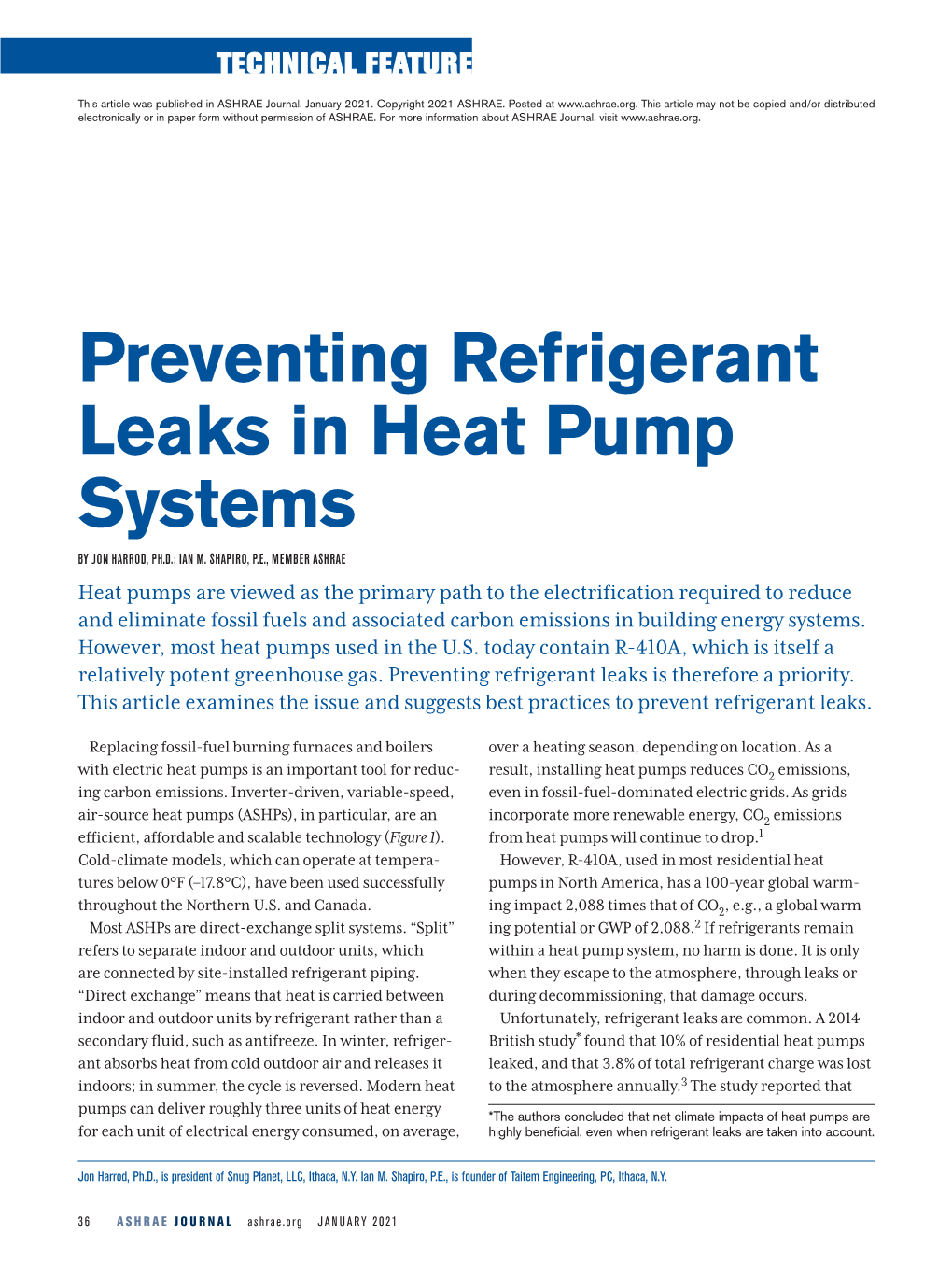 Preventing Refrigerant Leaks in Heat Pump Systems by JON HARROD, PH.D.; IAN M