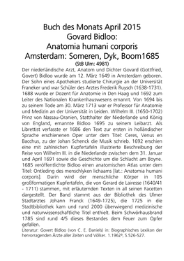 Anatomia Humani Corporis Amsterdam: Someren, Dyk, Boom1685 (Stb Ulm: 4981) Der Niederländische Arzt, Anatom Und Dichter Govard (Gottfried, Govert) Bidloo Wurde Am 12