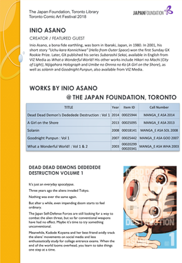 INIO ASANO CREATOR / FEATURED GUEST Inio Asano, a Bona Fide Earthling, Was Born in Ibaraki, Japan, in 1980