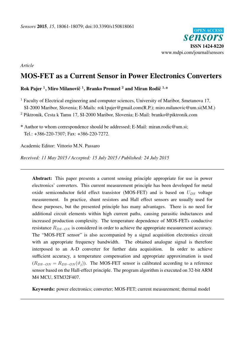 MOS-FET As a Current Sensor in Power Electronics Converters