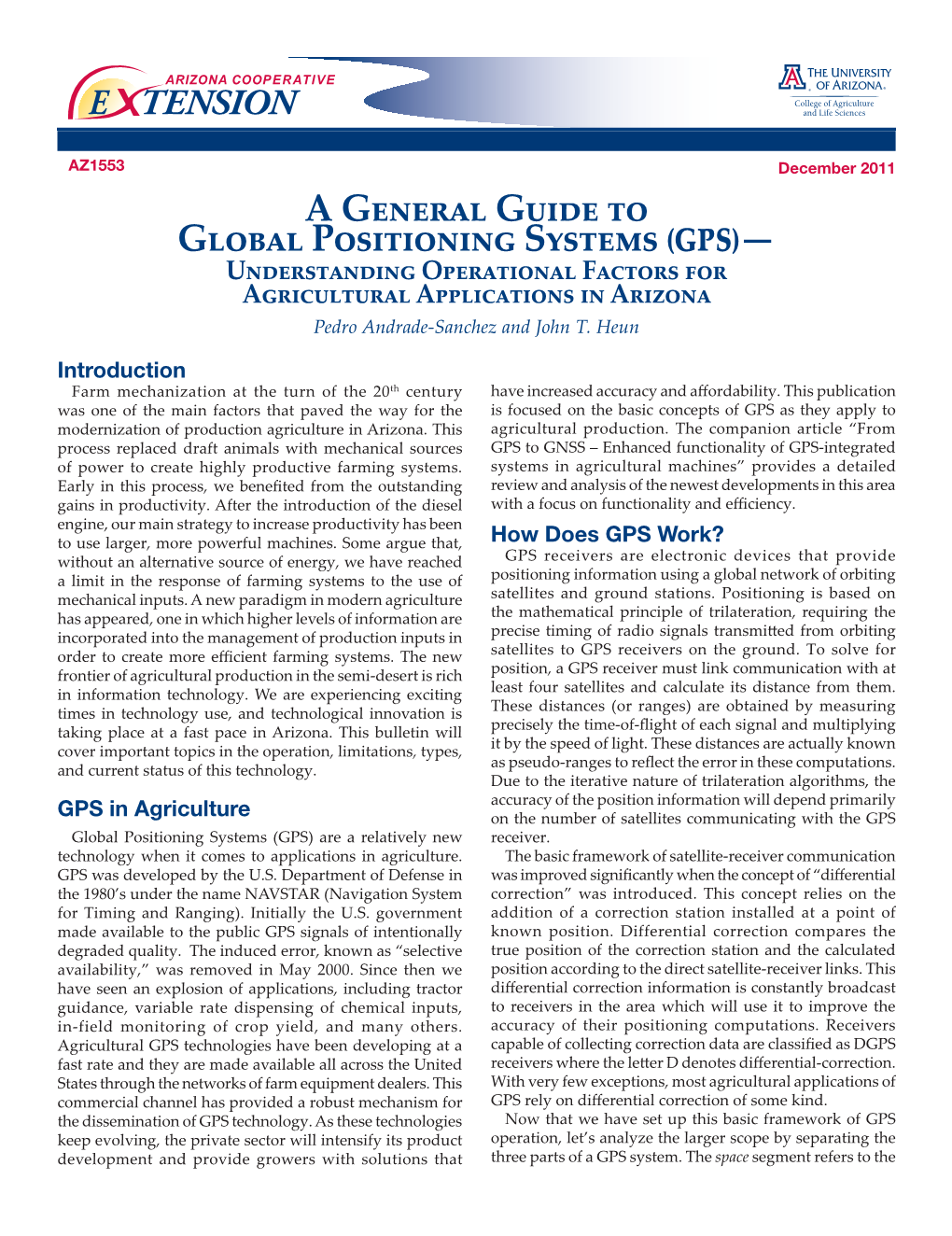 A General Guide to Global Positioning Systems (Gps)— Understanding Operational Factors for Agricultural Applications in Arizona Pedro Andrade-Sanchez and John T