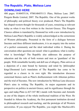 The Republic. Plato, Melissa Lane