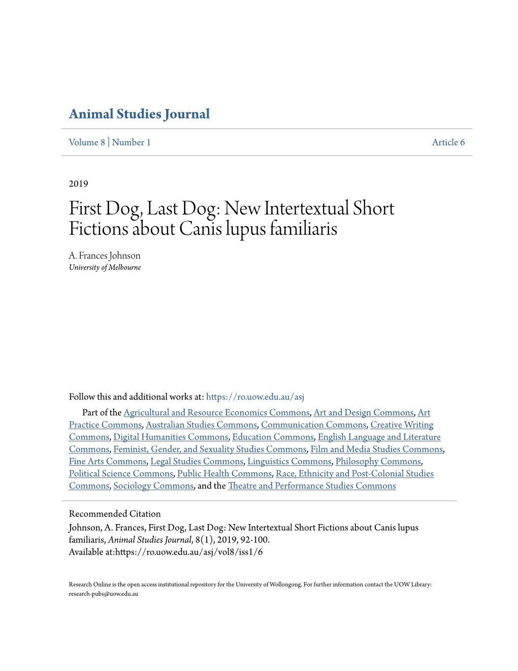 First Dog, Last Dog: New Intertextual Short Fictions About Canis Lupus Familiaris A