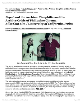 Cinephilia and the Archive Crisis of Philippine Cinema Bliss Cua Lim / University of California, Irvine | Flow 9/2/11 8:22 PM