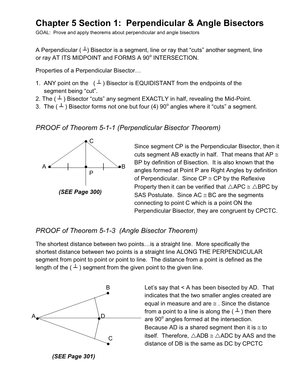 Chapter 5 Section 1: Perpendicular & Angle Bisectors