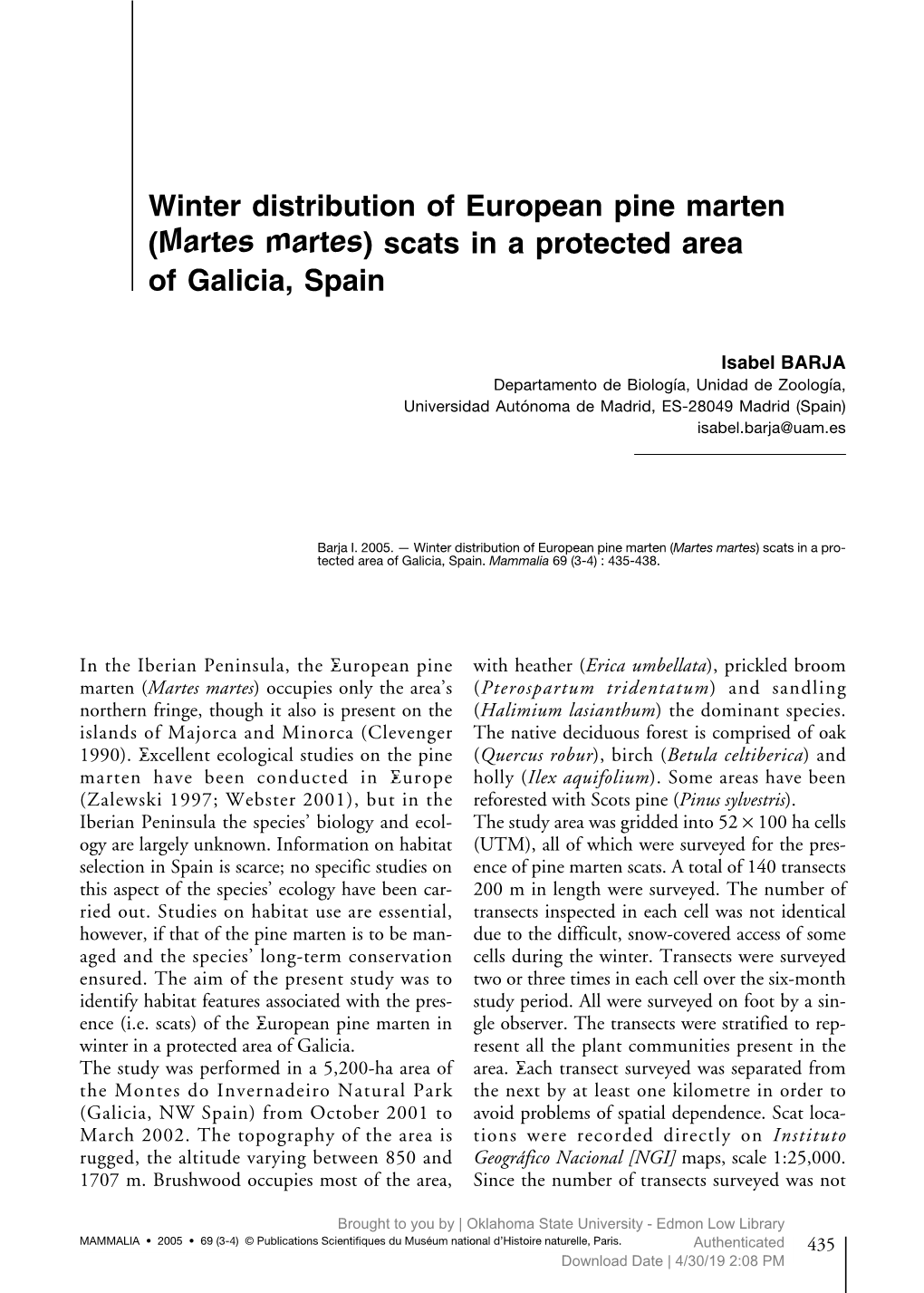 Barja 2005 Winter Distribution of European Pine Marten Scats in A