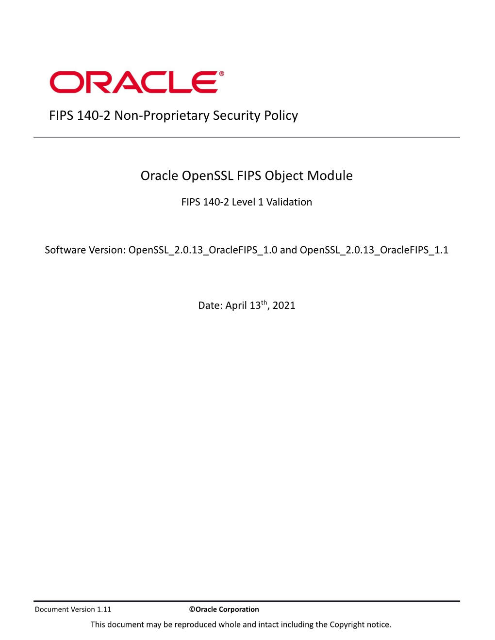 FIPS 140-2 Non-Proprietary Security Policy Oracle Openssl FIPS Object Module