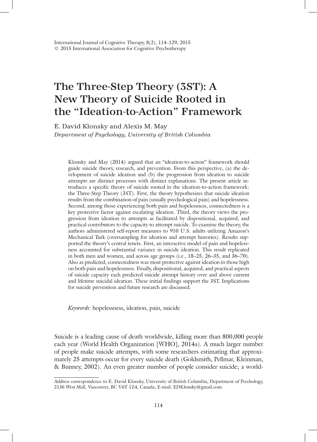 (3ST): a New Theory of Suicide Rooted in the “Ideation-To-Action” Framework E