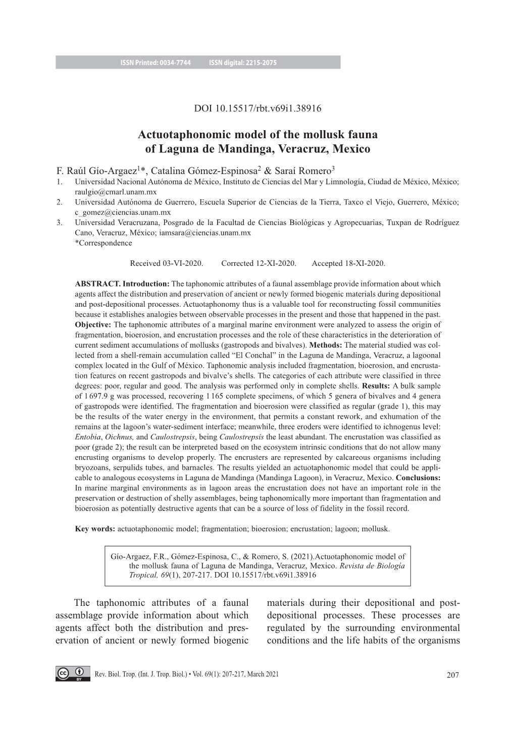 Actuotaphonomic Model of the Mollusk Fauna of Laguna De Mandinga, Veracruz, Mexico