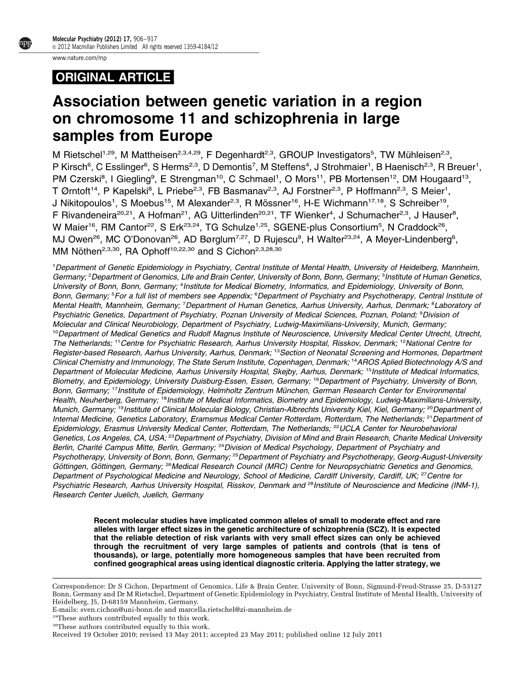 Association Between Genetic Variation in a Region on Chromosome 11 And