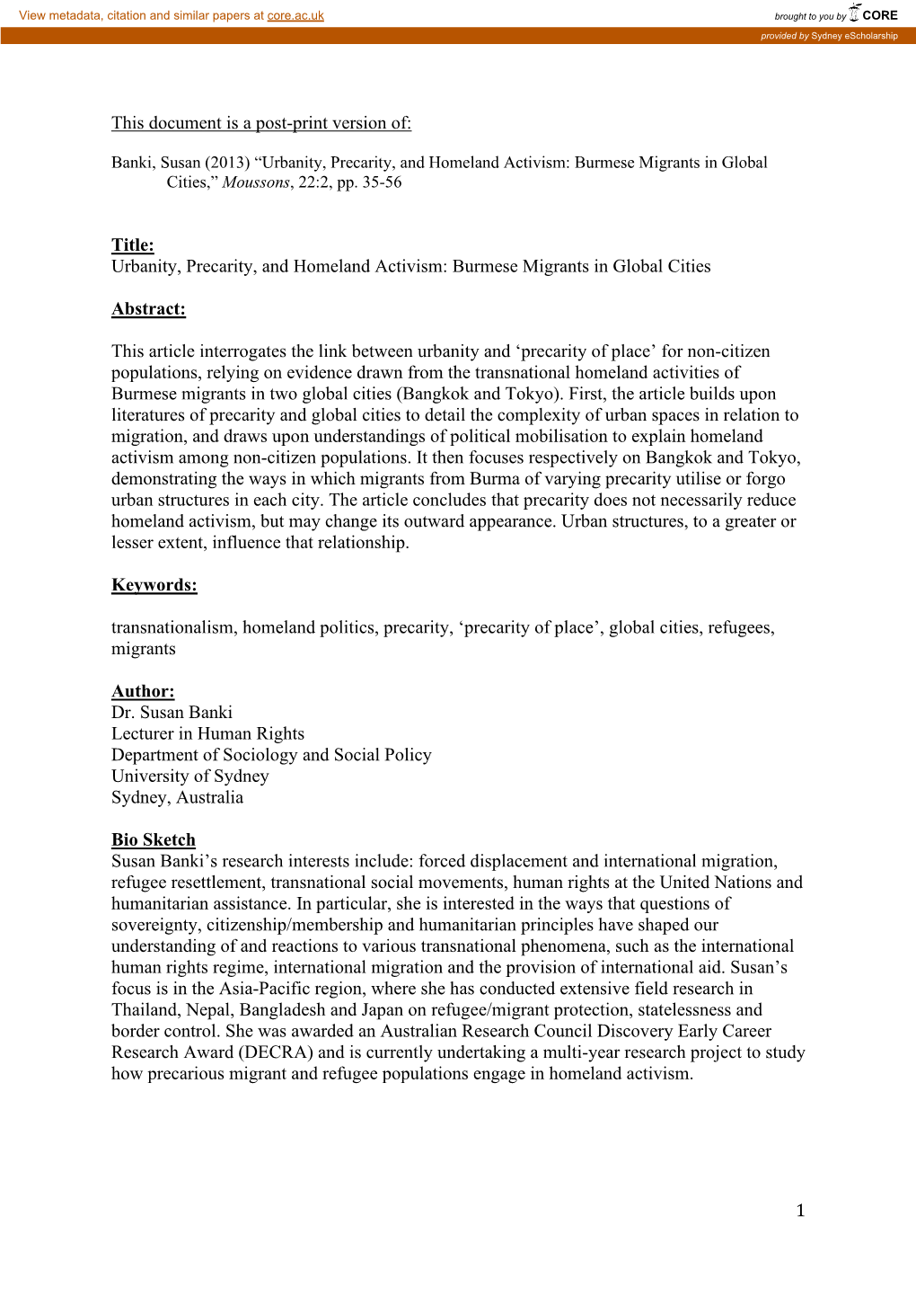 Urbanity, Precarity, and Homeland Activism: Burmese Migrants in Global Cities,” Moussons, 22:2, Pp