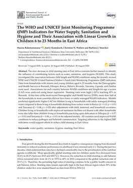 (JMP) Indicators for Water Supply, Sanitation and Hygiene and Their Association with Linear Growth in Children 6 to 23 Months in East Africa