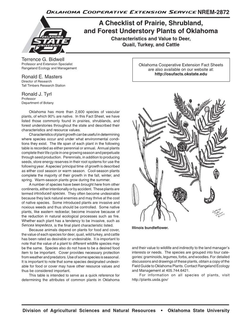 A Checklist of Prairie, Shrubland, and Forest Understory Plants of Oklahoma Characteristics and Value to Deer, Quail, Turkey, and Cattle