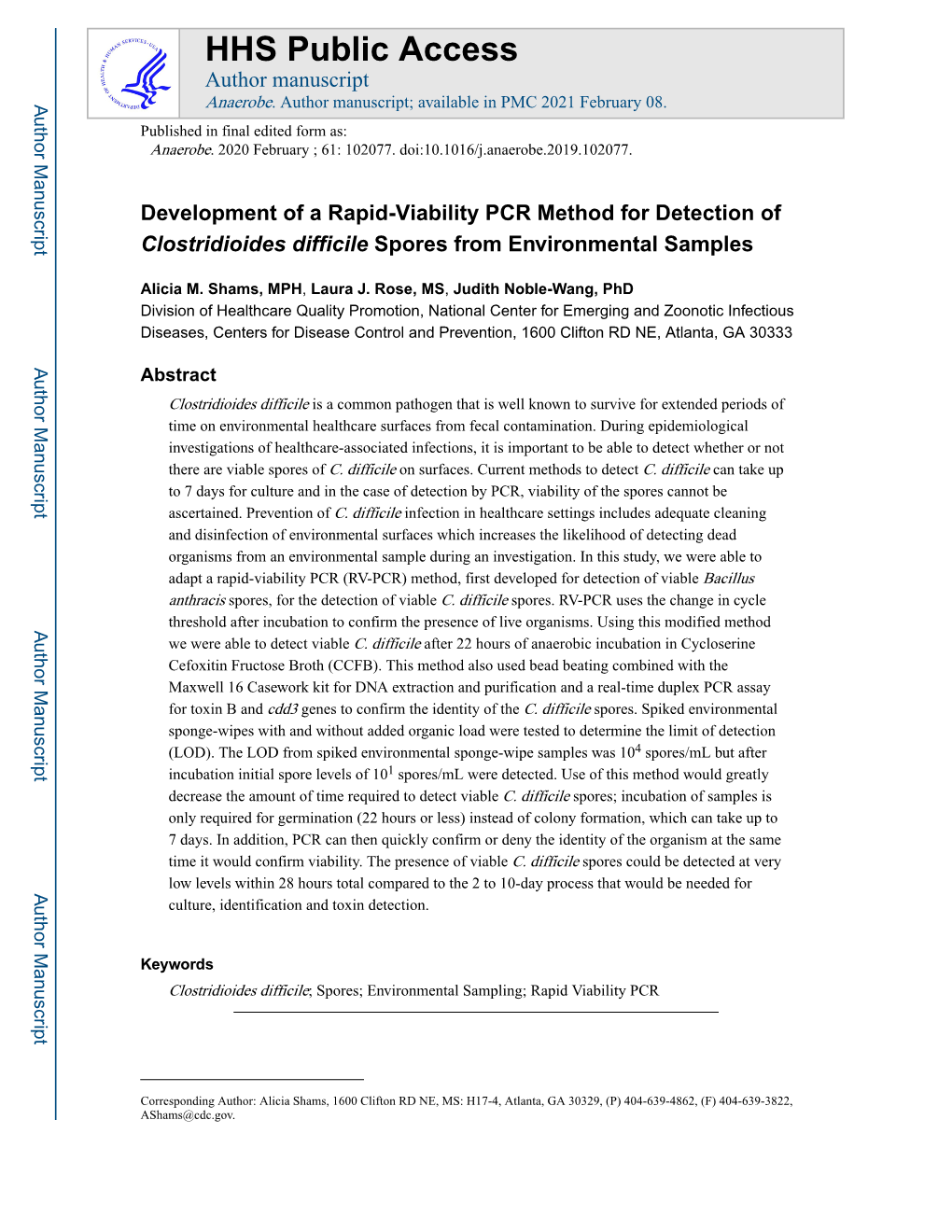 Development of a Rapid-Viability PCR Method for Detection of Clostridioides Difficile Spores from Environmental Samples