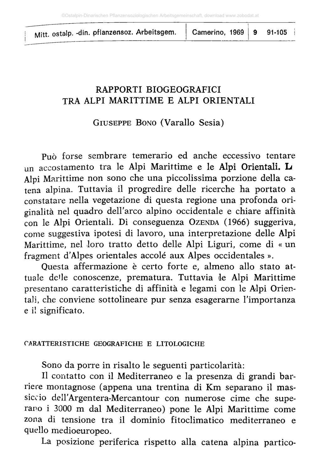 Rapporti Biogeografici Tra Alpi Marittime E Alpi Orientali