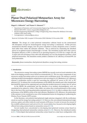 Planar Dual Polarized Metasurface Array for Microwave Energy Harvesting