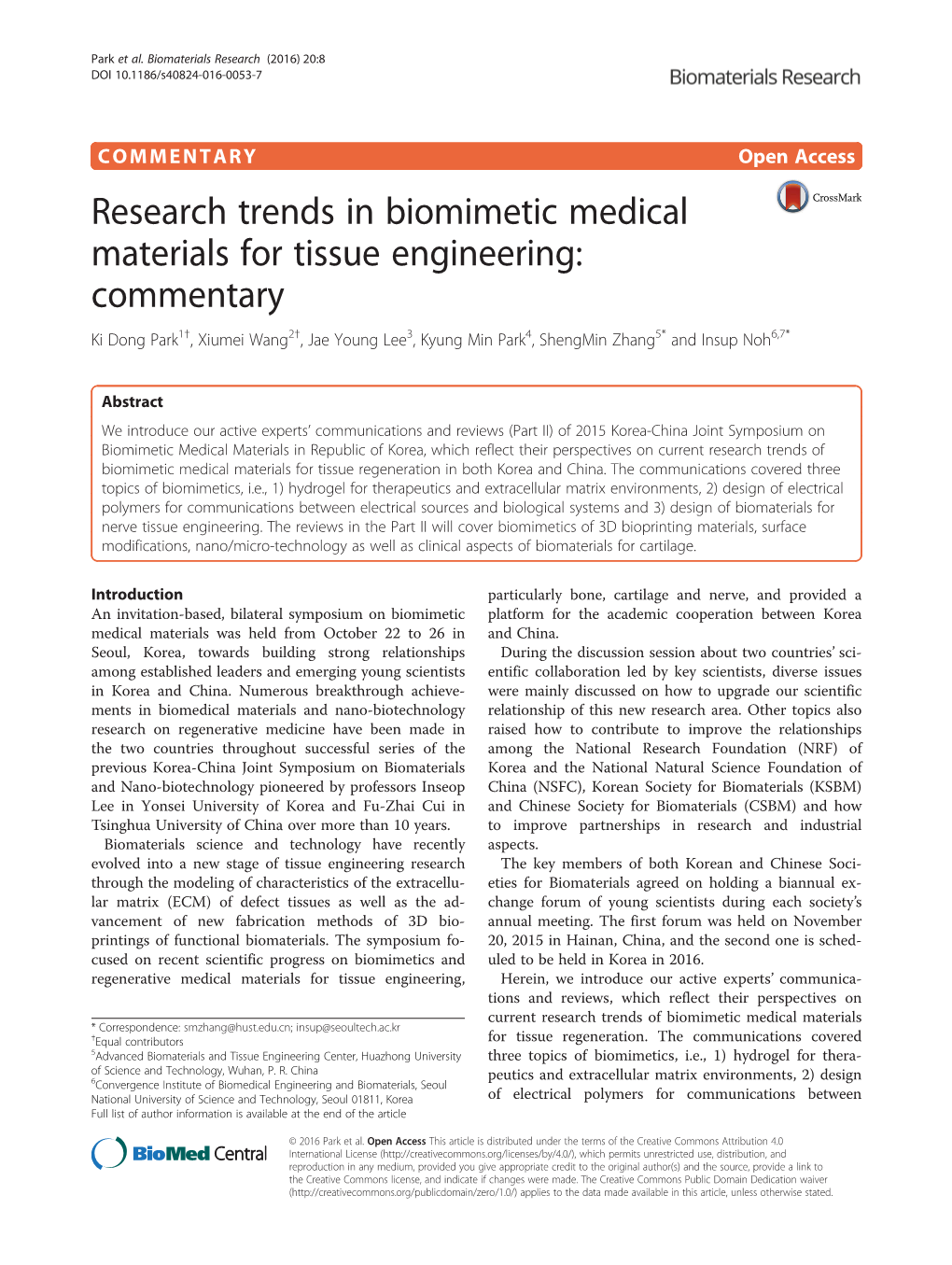 Research Trends in Biomimetic Medical Materials for Tissue Engineering: Commentary