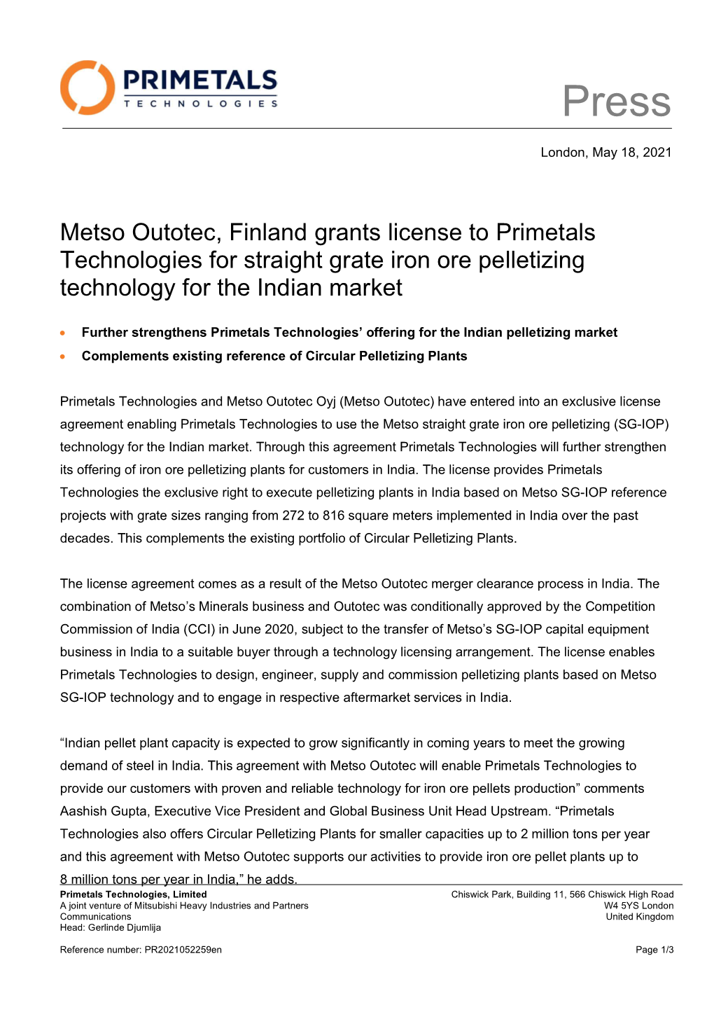 Metso Outotec, Finland Grants License to Primetals Technologies for Straight Grate Iron Ore Pelletizing Technology for the Indian Market