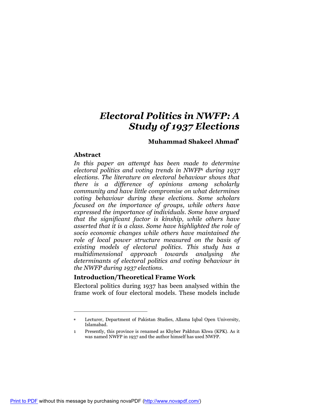 Electoral Politics in NWFP: a Study of 1937 Elections