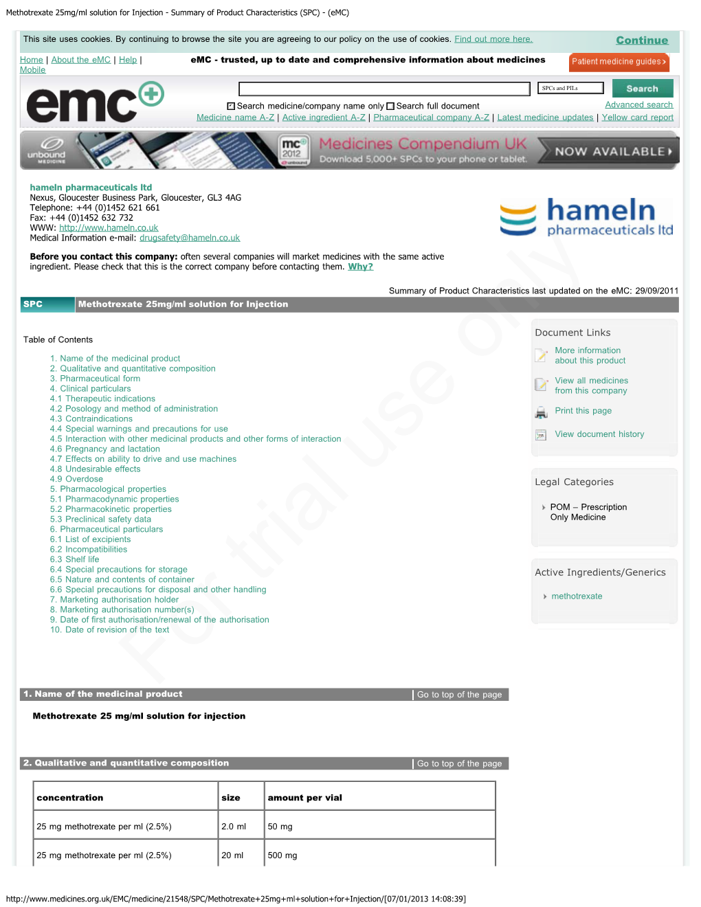 Methotrexate 25Mg/Ml Solution for Injection - Summary of Product Characteristics (SPC) - (Emc)