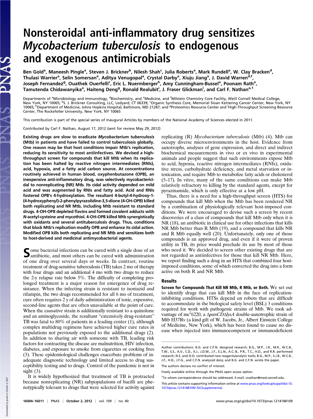 Nonsteroidal Anti-Inflammatory Drug Sensitizes Mycobacterium