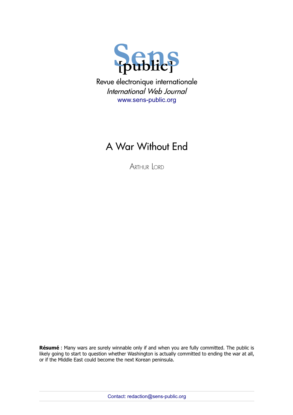 Arthur Lord, a War Without