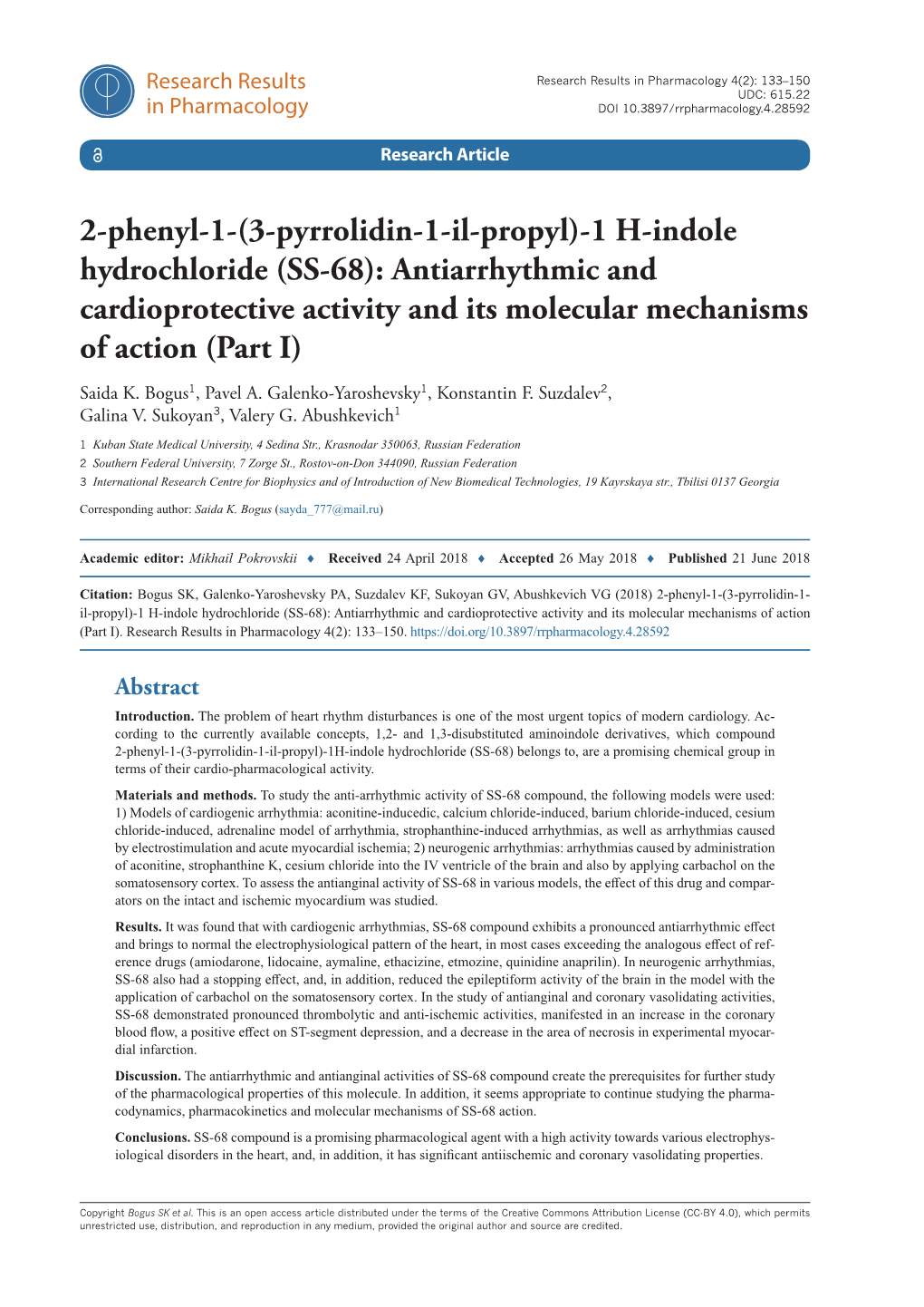 2-Phenyl-1-(3-Pyrrolidin-1-Il-Propyl)-1 H-Indole Hydrochloride (SS-68): Antiarrhythmic and Cardioprotective Activity and Its Molecular Mechanisms of Action (Part I)