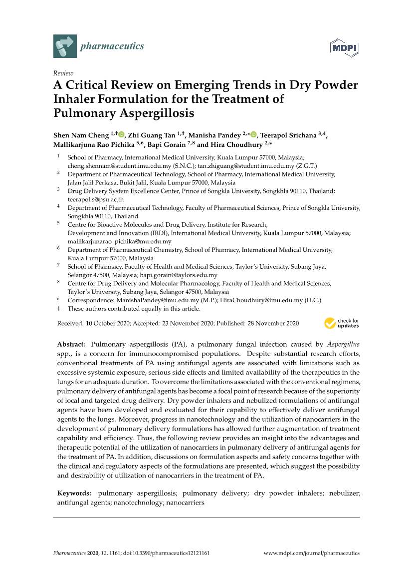 A Critical Review on Emerging Trends in Dry Powder Inhaler Formulation for the Treatment of Pulmonary Aspergillosis