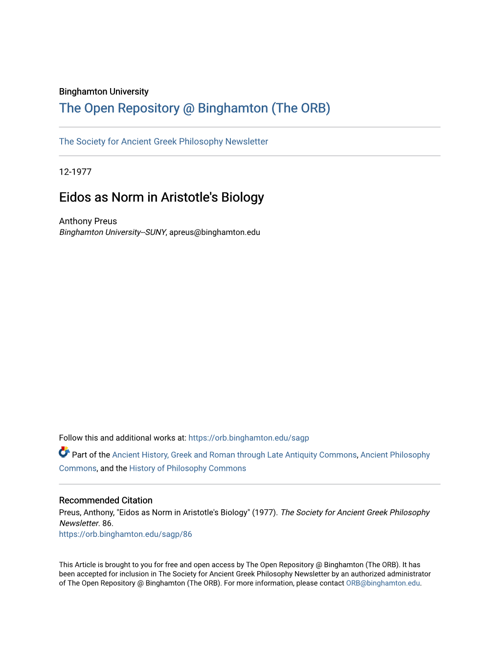 Eidos As Norm in Aristotle's Biology