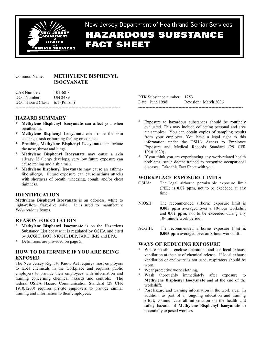 Methylene Bisphenyl Isocyanate Hazard