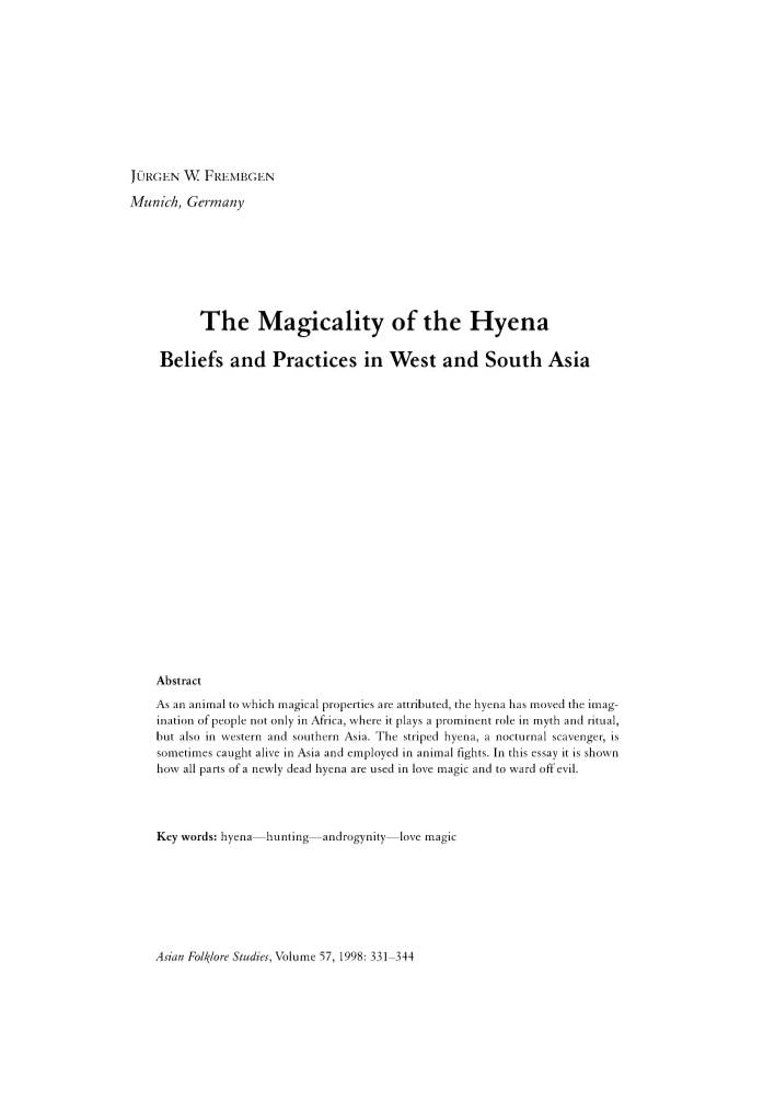 The Magicality of the Hyena Beliefs and Practices in West and South Asia