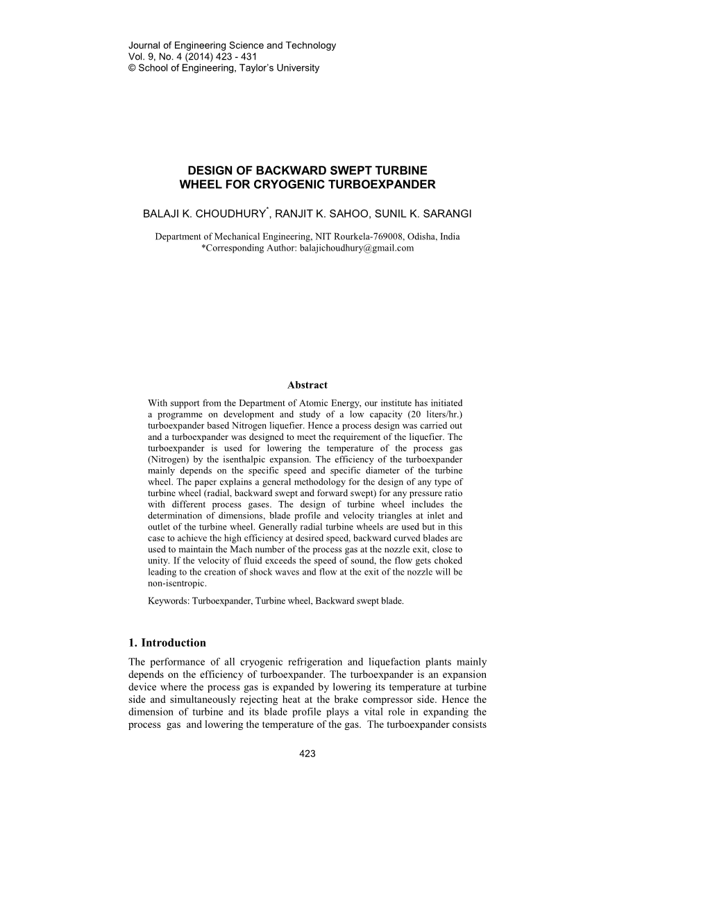 Design of Backward Swept Turbine Wheel for Cryogenic Turboexpander