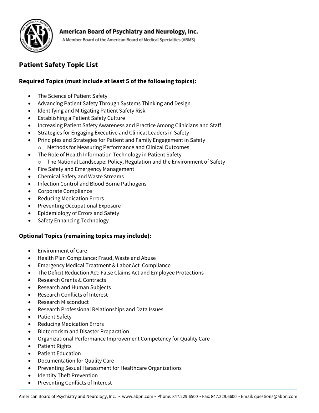 Patient Safety Topic List