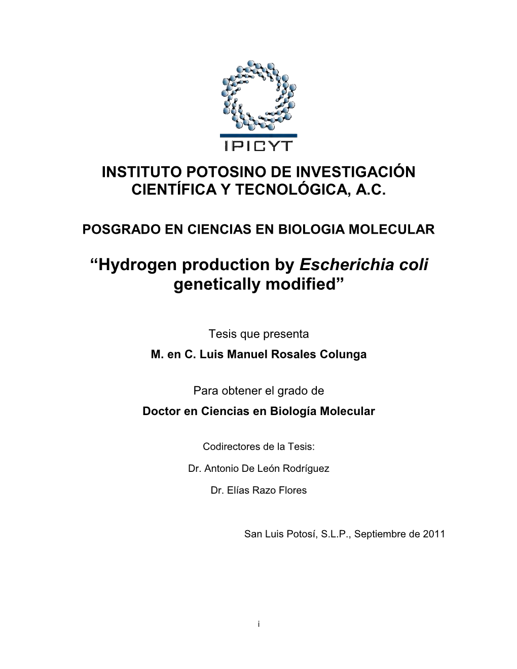 “Hydrogen Production by Escherichia Coli Genetically Modified”