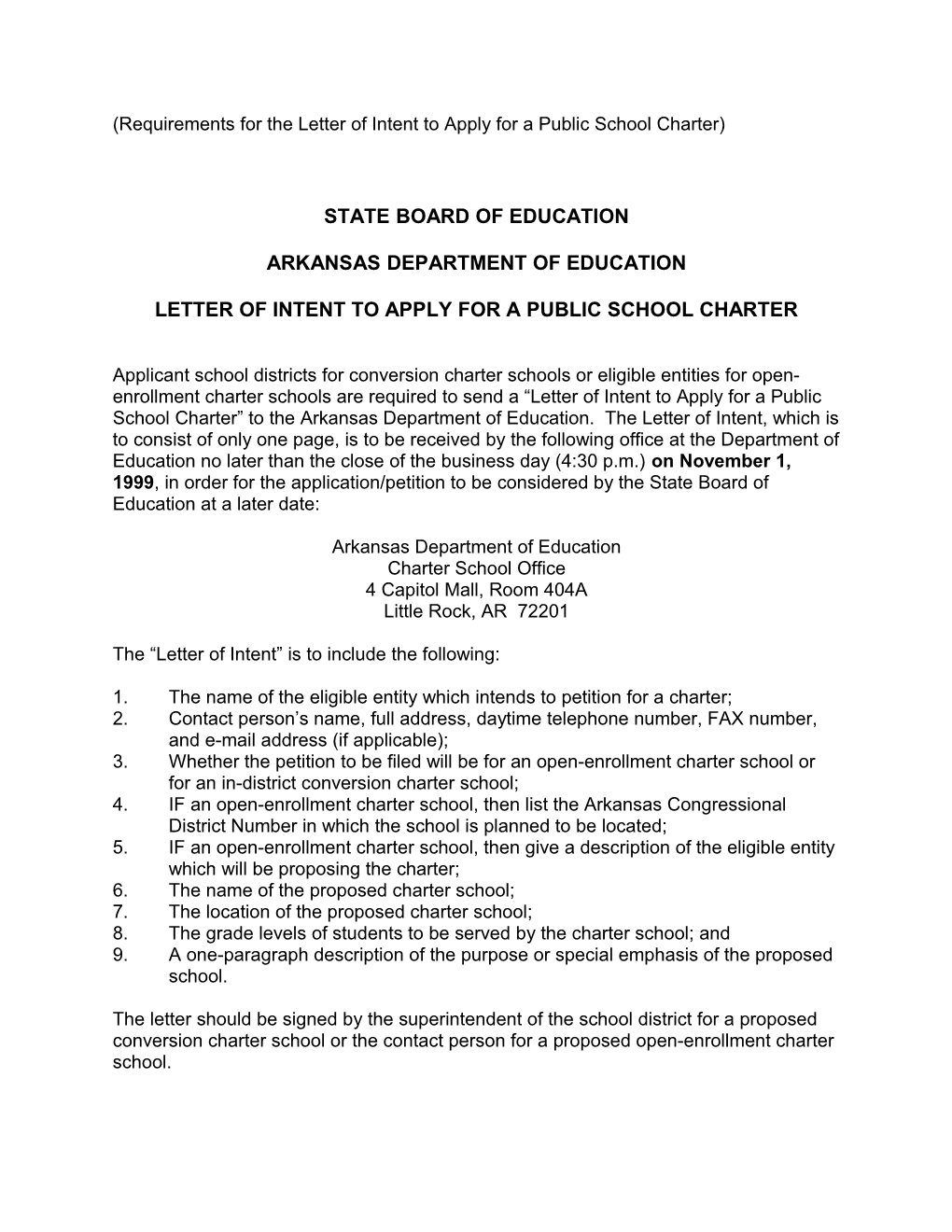 (Requirements For The Letter Of Intent To Apply For A Public School Charter)