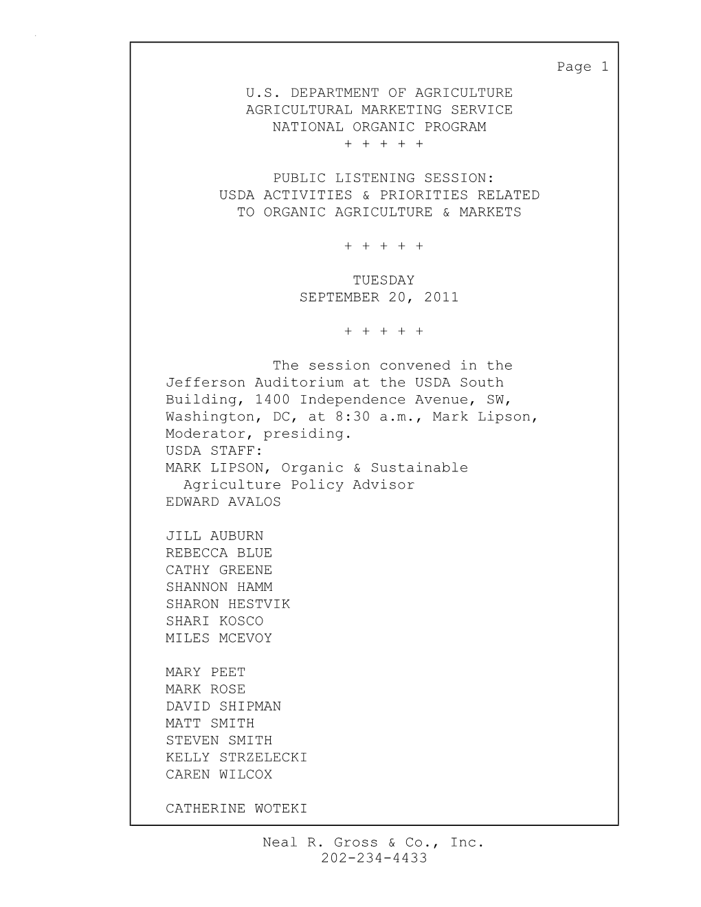 202-234-4433 Neal R. Gross & Co., Inc. Page 1 U.S. DEPARTMENT of AGRICULTURE AGRICULTURAL MARKETING SERVICE NATIONAL ORGANIC