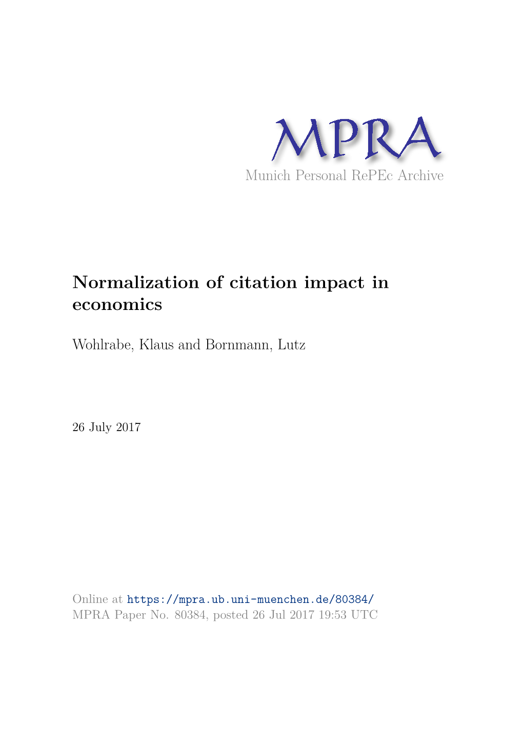 Normalization of Citation Impact in Economics