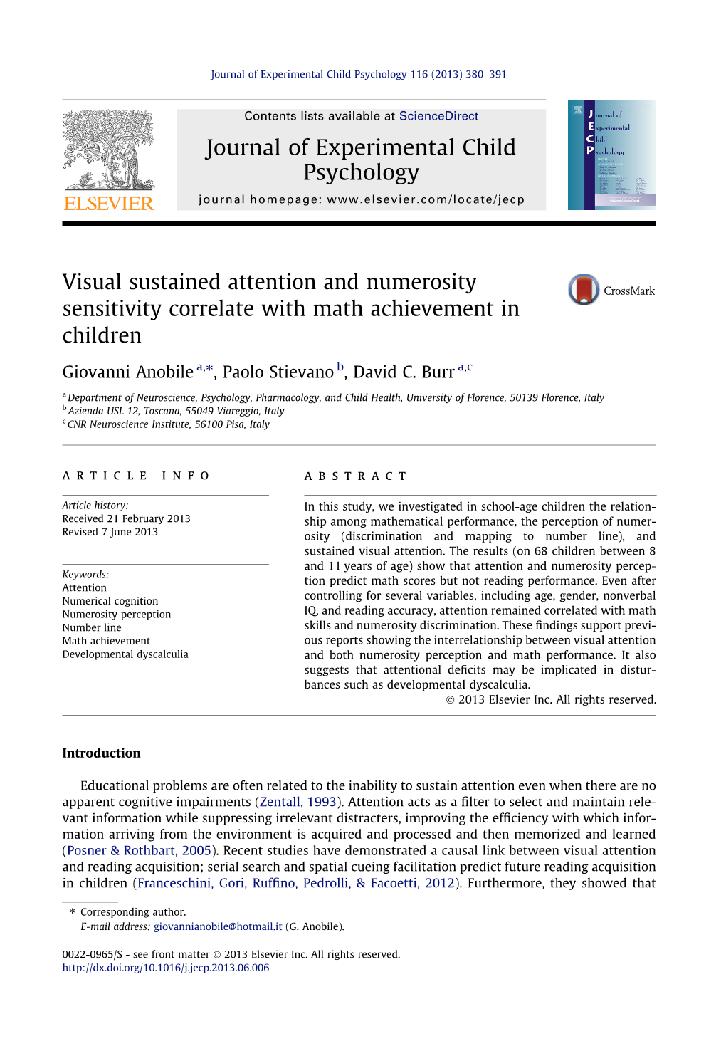 Visual Sustained Attention and Numerosity Sensitivity Correlate with Math Achievement in Children