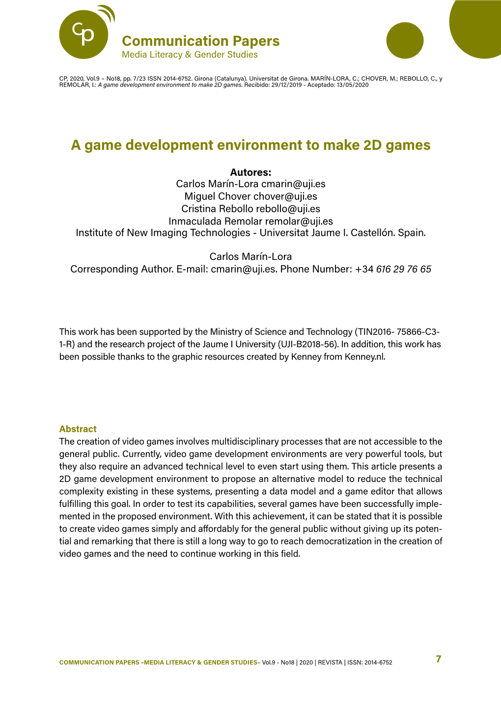 Communication Papers a Game Development Environment to Make 2D Games