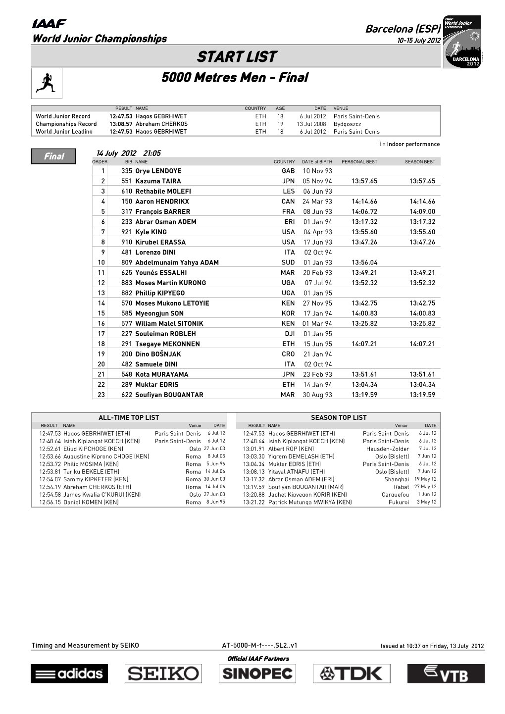 START LIST 5000 Metres Men - Final