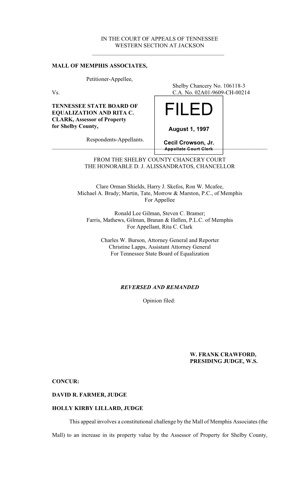 August 1, 1997 Cecil Crowson, Jr. in the COURT of APPEALS OF