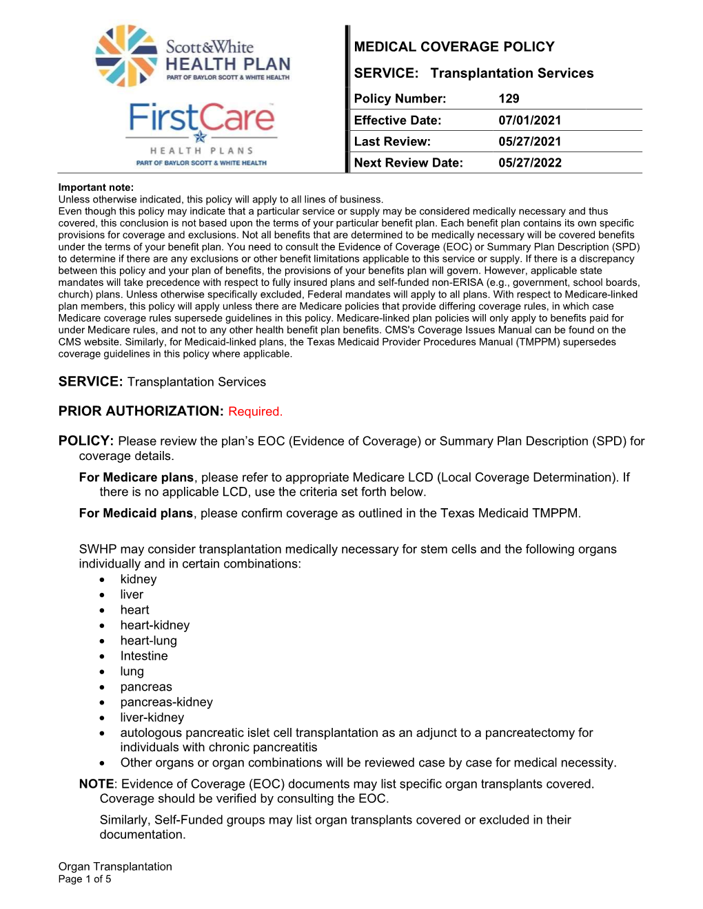 Organ Transplantation Page 1 of 5