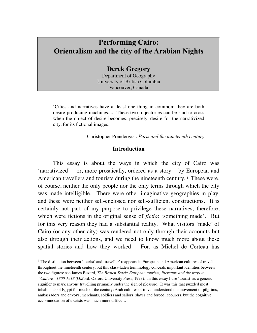 Performing Cairo: Orientalism and the City of the Arabian Nights