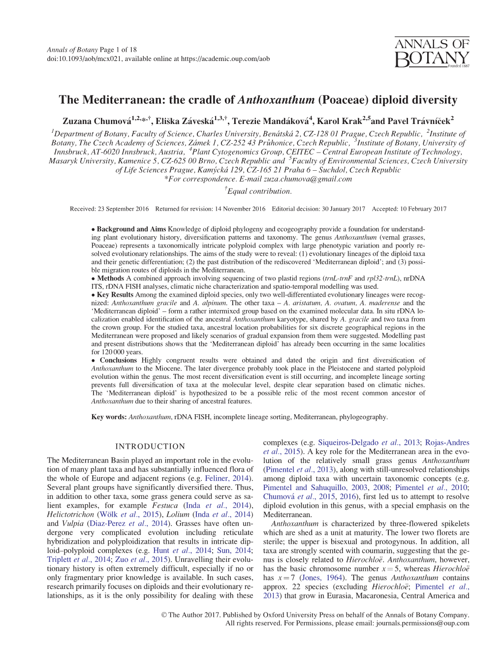 The Mediterranean: the Cradle of Anthoxanthum (Poaceae) Diploid Diversity